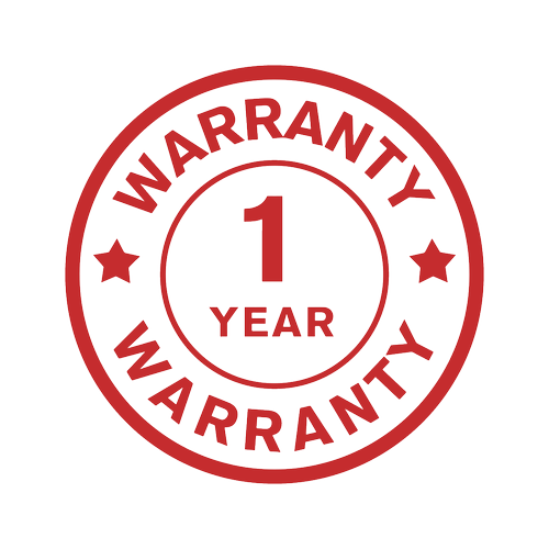 Red circular emblem with the text 'WARRANTY' on the top half and bottom half, surrounding the text '1 YEAR' in the center. Two stars, resembling freshly laid asphalt paving, are present on either side of '1 YEAR.'