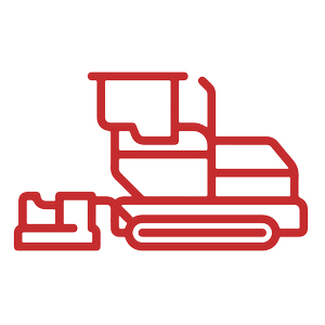 Red line drawing of a farming combine harvester, a machine used in agriculture for harvesting crops. The outline is simplified, without detailed features, and shown in a side view, reminiscent of the minimalism seen in technical drawings of asphalt paving machinery.