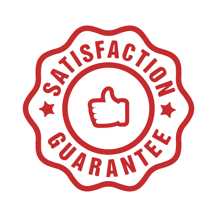 A red circular badge with wavy edges displays the text "SATISFACTION GUARANTEE." Inside the circle, there is a thumbs-up icon. The text and icon are both in a bold, simple font, resembling the clarity of fresh asphalt paving. Stars appear on either side of the word "GUARANTEE.