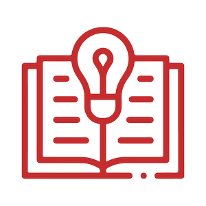 Red outline icon of an open book with lines symbolizing text on its pages. Above the center of the book, a lightbulb shape is incorporated, suggesting the concept of ideas, learning, or innovation derived from reading—all set against a dark asphalt background for a modern twist.