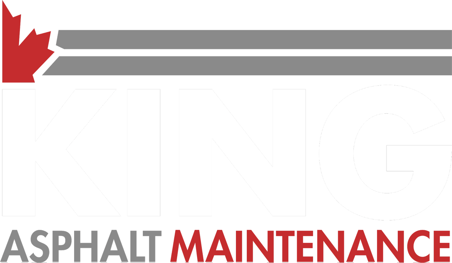 Logo of King Asphalt Maintenance featuring the word "KING" in large white letters, flanked by a small red maple leaf on the left. Below "KING," the words "ASPHALT" and "MAINTENANCE" are written in smaller text, with "ASPHALT" in white and "MAINTENANCE" in red, emphasizing their paving expertise.