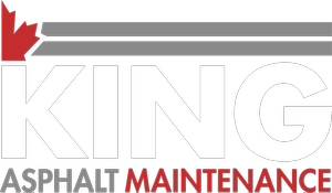 The image displays a logo with the words "King Asphalt Maintenance" in bold, featuring "King" in large white letters, "Asphalt" in smaller grey letters, and "Maintenance" in smaller red letters. A stylized red and grey leaf, evoking the look of freshly paved asphalt, is placed at the top left corner of the logo.