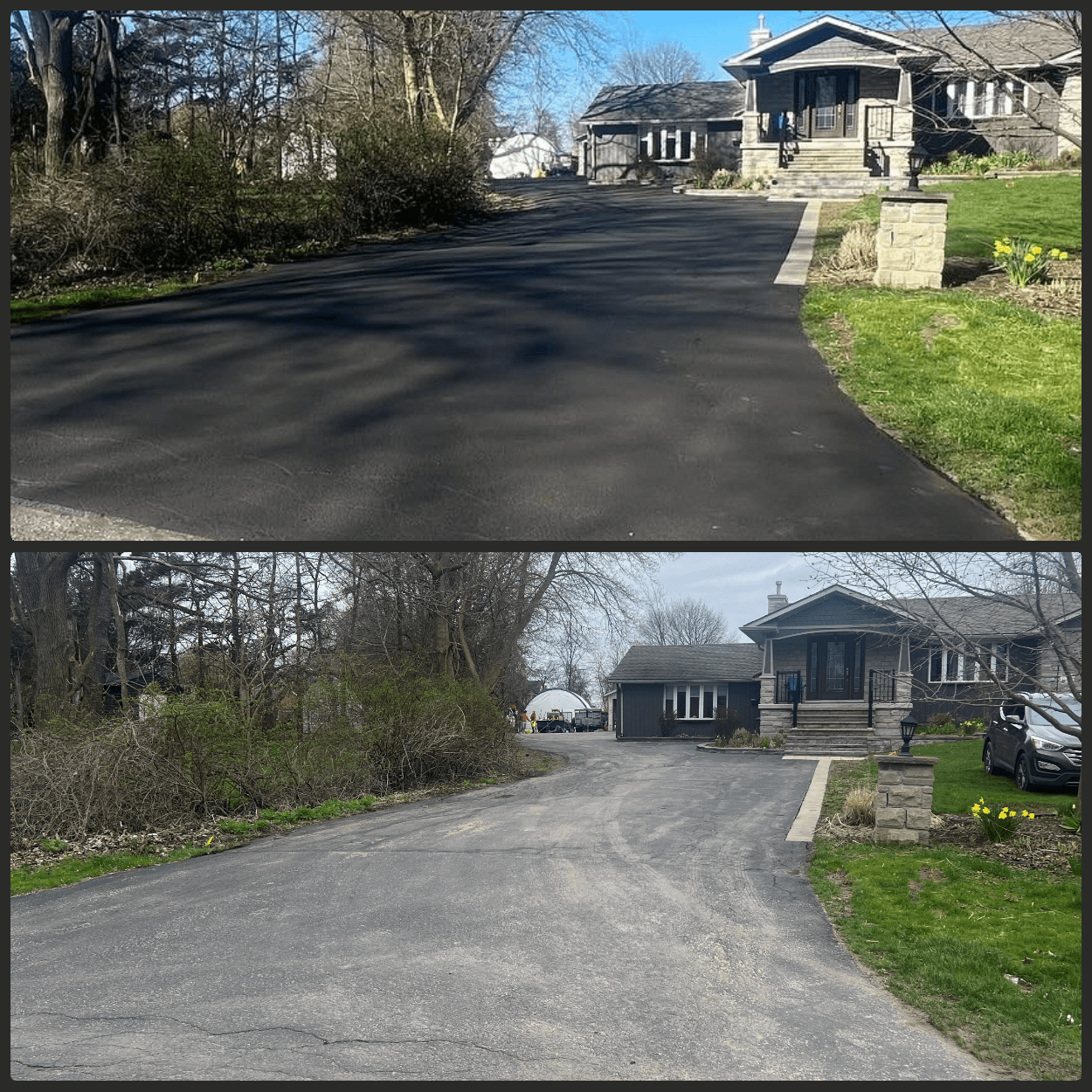 Two images show a house with a driveway. The top image features a freshly paved, smooth asphalt driveway with green grass and flowering plants nearby. The bottom image shows the same driveway before repaving, with a rougher surface and fewer flowers in bloom.