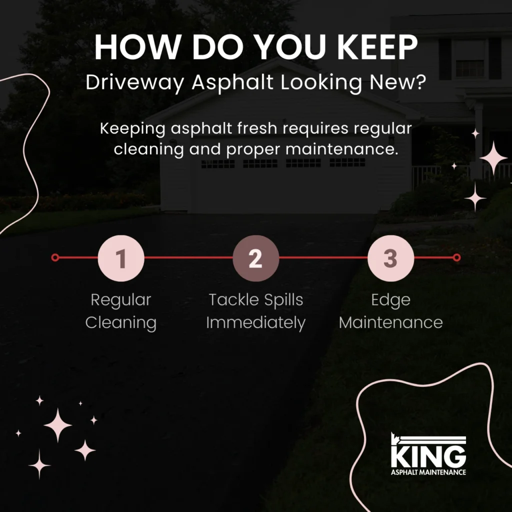 Steps to keep asphalt driveways looking new, including regular cleaning and edge maintenance.