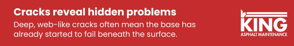 Visual quote describing how asphalt driveway cracks can indicate base failure and signal the need for full driveway replacement.