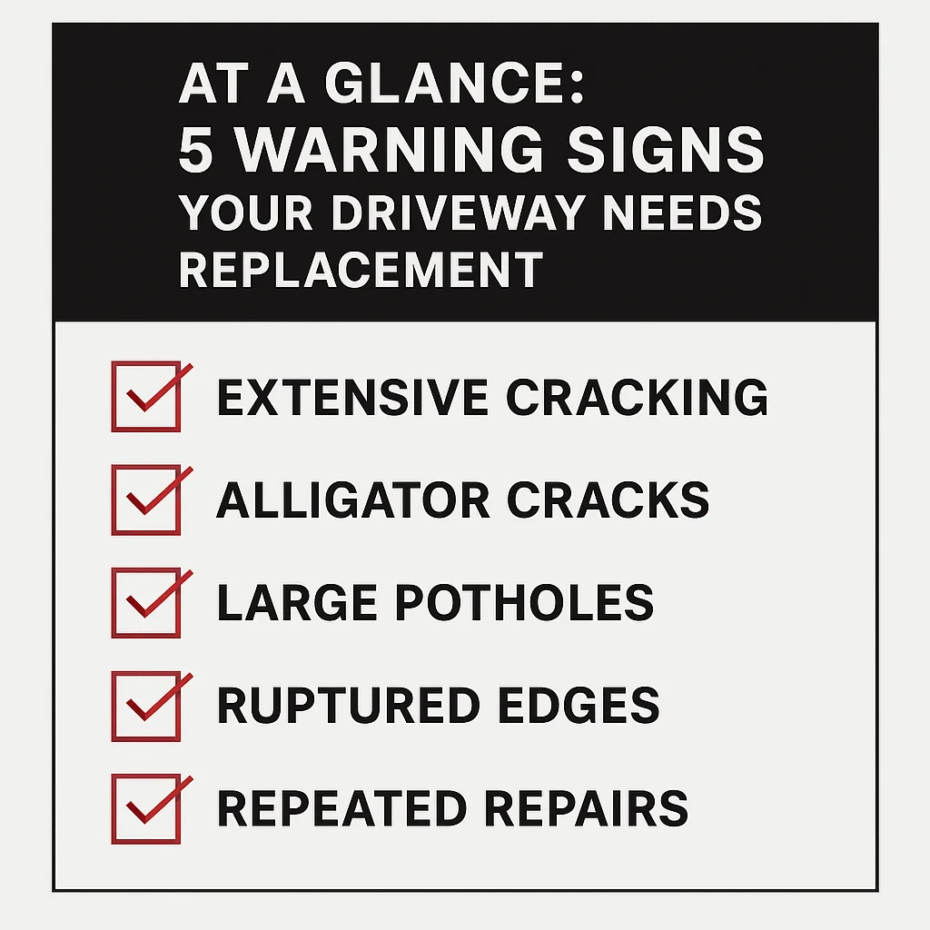 Clean infographic showing five major driveway replacement signs including cracks, repeated repairs, and other warning signals common in Ontario driveways.