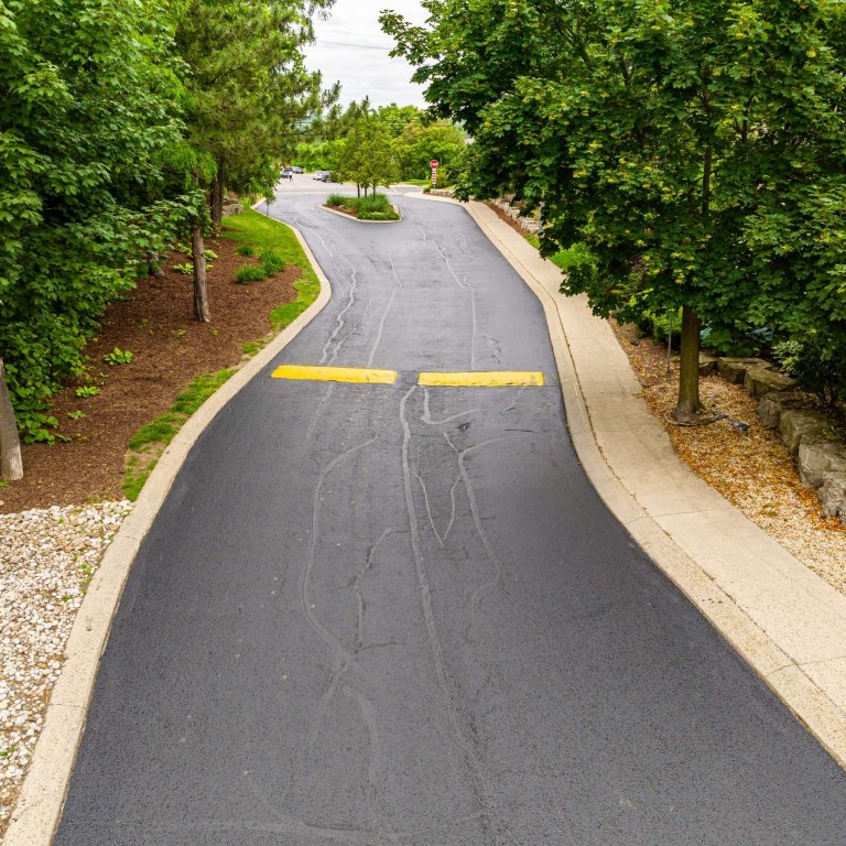 A freshly paved, winding driveway flanked by lush green trees and shrubs in Burlington, Ontario. On the left, there is a rock-covered section, while on the right, a stone-bordered garden lines the asphalt pathway. The sky is overcast.