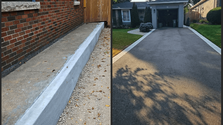 The image is split into two sections. On the left is a newly constructed small concrete retaining wall along the side of a brick house. On the right, fresh asphalt paving forms a driveway leading to a detached garage, bordered by green lawns and shrubs.