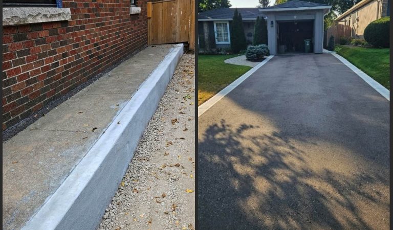 A side-by-side comparison shows a path alongside a brick house and a newly paved driveway. The left image displays a narrow concrete path with a brick wall on one side. The right image features a wide, smooth asphalt driveway leading to a garage, bordered by grass lawns.