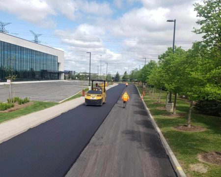 A worker in an orange vest is guiding a yellow steamroller on freshly paved asphalt along a road bordered by young trees and a modern building with large windows. Several orange cones are placed at intervals along the newly-paved road. The sky is partly cloudy.