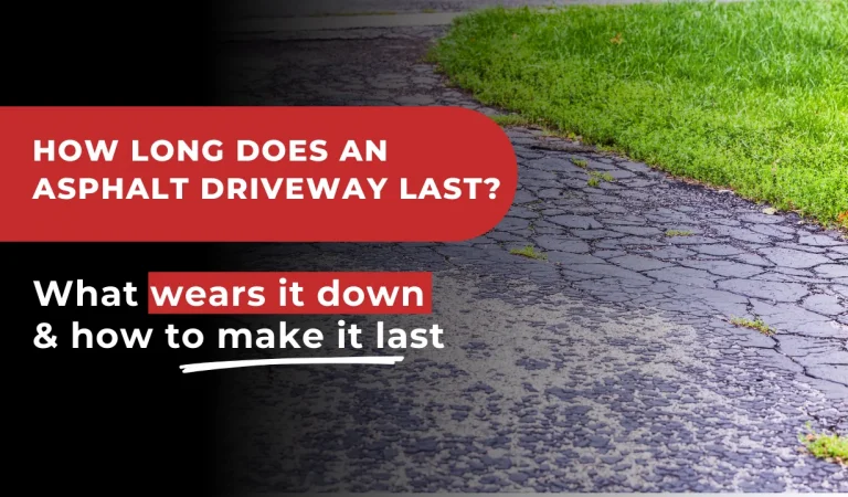 "How long does an asphalt driveway last?" A cracked asphalt driveway image and a bold red and black design. The text emphasizes key factors affecting longevity and maintenance strategies.