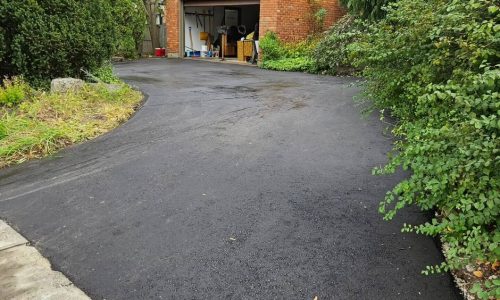 A freshly paved asphalt driveway leads to a brick house with an open garage. The garage is partially filled with various items. The sides of the driveway are bordered by dense green foliage and trees. The house number "156" is visible above the garage.