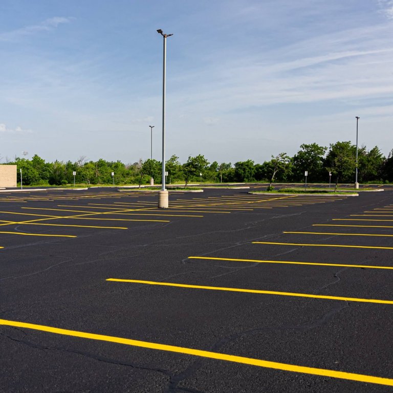 A large, empty parking lot with evenly spaced yellow lines and freshly paved asphalt, accented by a few light poles. Trees and shrubs are visible in the background under a clear blue sky.